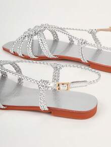 Silver Handmade Woven Strap Fashion Women's Flat Sandals, Random Woven Pattern - Silver - View 5