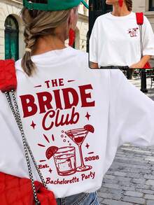 Es Trus Plus 女款夏季寬鬆復古「THE BRIDE Club」圖案印花街頭嘻哈 T 恤，韓系復古做舊時尚休閒款 - 白色 - 查看 1