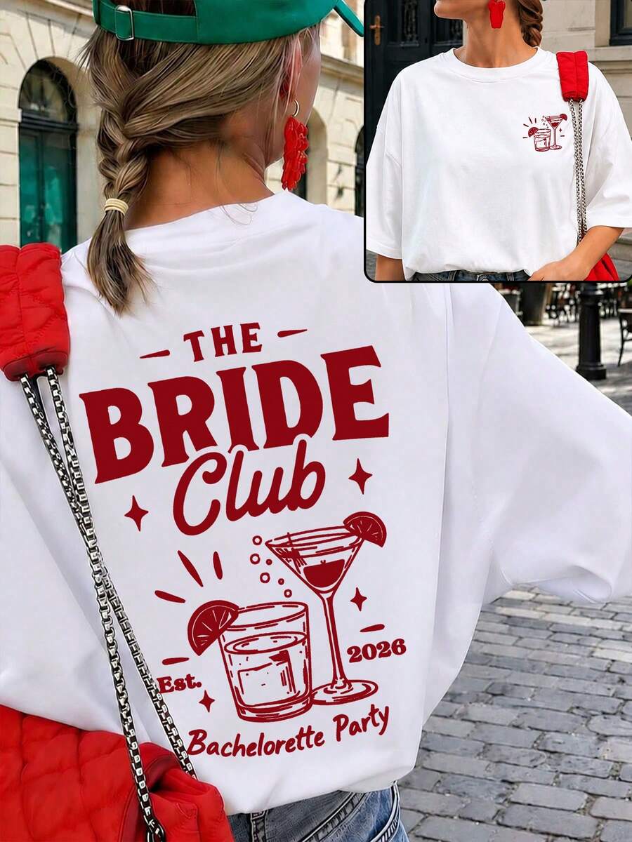 Es Trus Plus 女款夏季寬鬆復古「THE BRIDE Club」圖案印花街頭嘻哈 T 恤,韓系復古做舊時尚休閒款 - 白色 - 查看 1