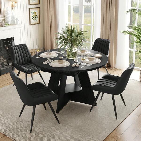 Nalupatio 47.24"-63" Extendable Round To Oval Dining Table Set For 4, Expandable Kitchen Table With 4 Upholstered Chairs, Hidden Storage Shelf, Space Saving Dining Room Furniture, Black Table & Black Chairs
