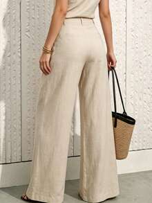 Fall Women High Waist Pleated Linen Blend Wide Leg Pants, Button Zip Solid Casual Trousers With Pockets - Apricot - View 2
