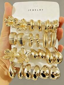 6-24 Stücke modisches elegantes Meeresleben-Serie Ohrring-Set, geometrisches Multi-Gold-Metall-Ohrring-Set, Damen-Mode-Ohrring-Set, für den täglichen Gebrauch, nicht verblassendes, hypoallergenes vergoldetes Ohrring-Set - Gold - Übersicht 6