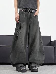 Infinite Jeans 1件裝 男士日系丹寧牛仔褲，彎腿設計，街頭復古做舊拼接寬腿褲，水洗破洞休閒寬鬆長褲（產品不含腰帶與配件） - 灰色 - 查看 6