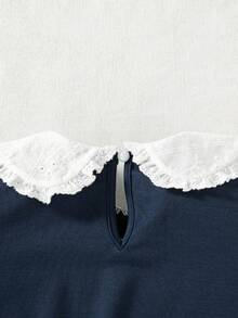 Girls' Casual Fashion Solid Color Peter Pan Collar Sweatshirt, Spring/Autumn - Navy Blue - View 6