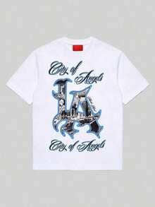 100% Cotton Men's T-Shirt | Graphic T-Shirt | Print With The Text "City Of Angels" And The Initials LA, Featuring A Cityscape And Palm Trees. | Casual - 白色的 - 查看 1