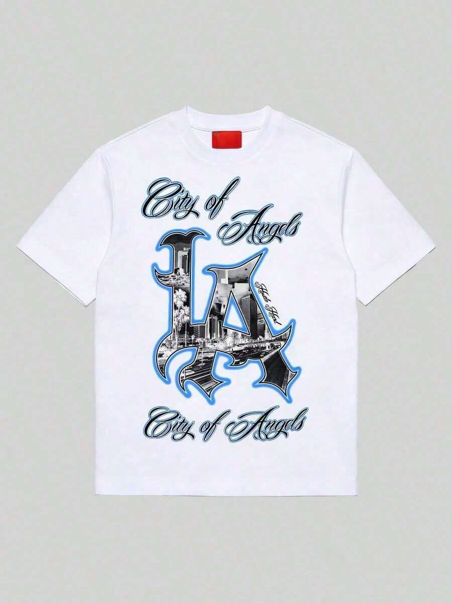 100% Cotton Men's T-Shirt | Graphic T-Shirt | Print With The Text "City Of Angels" And The Initials LA, Featuring A Cityscape And Palm Trees. | Casual - 白色的 - 查看 1