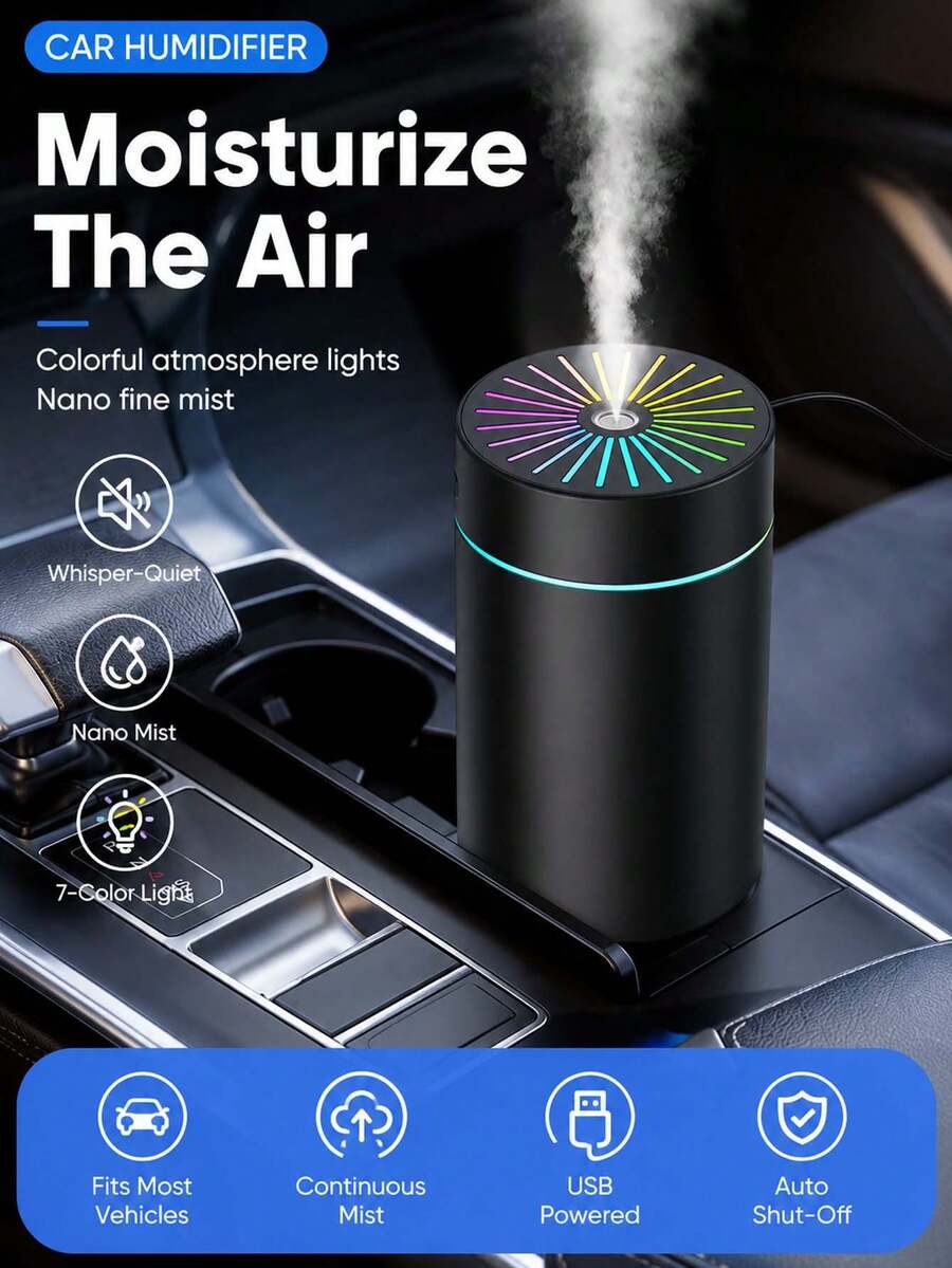Humidificador para coche USB mini difusor de aire con luz LED de colores, rociador de niebla silencioso para portavasos del vehículo, humidificador de aromaterapia portátil para automóvil - A - Ver 1