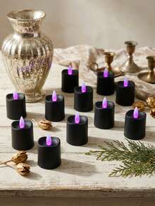 6/12/24pcs Fairy Lights Candle Set With Remote Control, Timer/Remote Function, Battery Operated Flameless Candles, Black Cup Candles, Wish Candles, Mini Candles For Table Centerpiece Decoration, Suitable For Home, Halloween, Christmas, Valentine's Day, Birthday, Gift, Proposal, Wedding, Party, Various Holiday Atmosphere Lighting - Black-purple Light - View 2