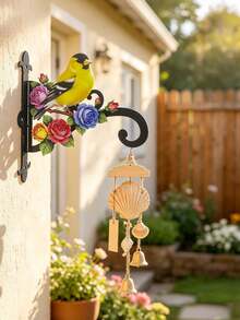 Colorful Goldfinch & Floral Decorative Wall Mount Plant Bracket, Wrought Iron Hanging Flower Pot Hook, Heavy Duty Anti-Rust Hanger For Hanging Basket, Bird Feeder, Wind Chime, Lantern, Outdoor Patio Yard Porch Garden Wall Art Decor - Yellow Bird Flowers - View 9