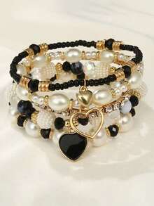 5pcs/Set Handmade Beaded Bohemian Style Fashion Heart-Shaped Bracelets, Suitable For Children And Teenagers - Style 5 - View 3