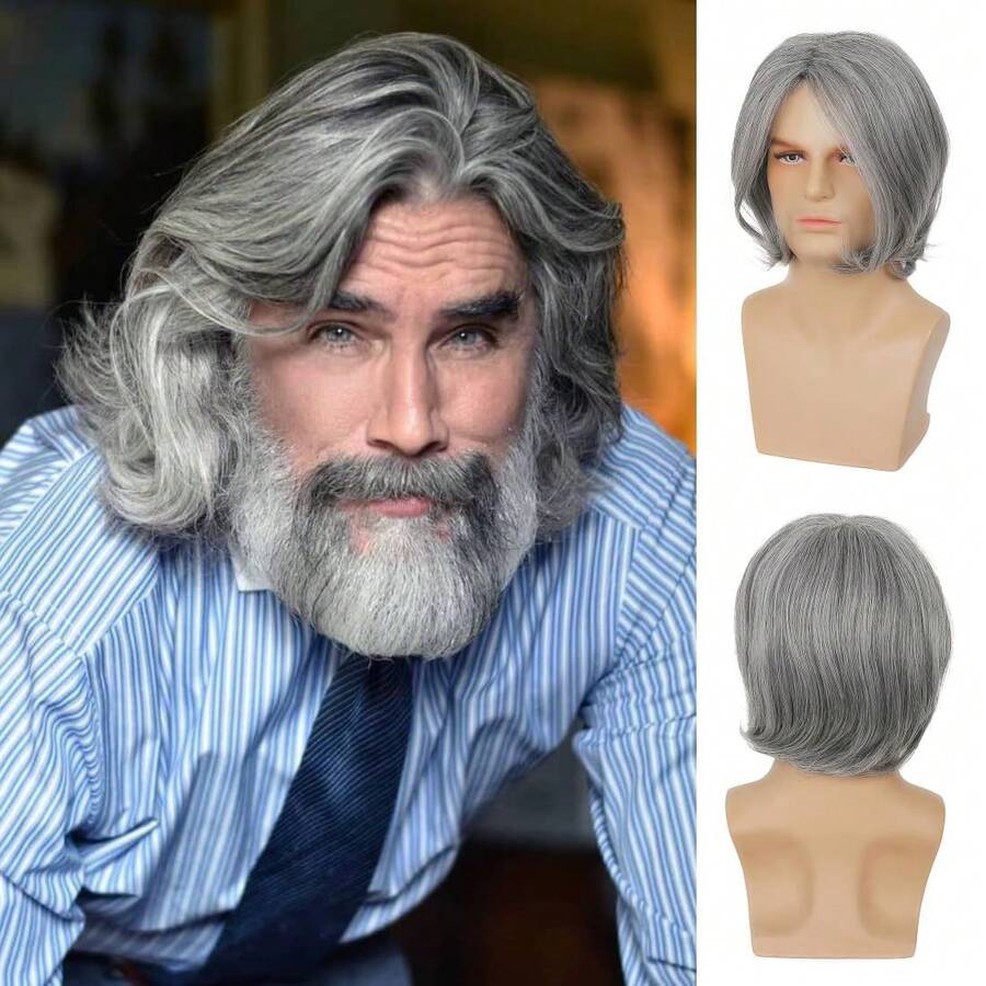 Men Silver Gray Full Hair Cover Stylish Light Tone Hair Accessory Easy Care Adult Daily Outfit Theme Party Holiday Labor Day Thanksgiving Wigs Cosplay Wigs Halloween Costume Wigs - M2067 Gray# - View 1