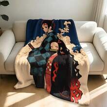Retro Cloud Background Tanjiro & Nezuko Flannel Blanket Demon Slayer Anime Character Plush Throw Blanket For Couch Bedroom Travel - Colour 1 - View 3