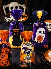 50/25pcs/1pc-Halloween Gift Bags, 5 Designs, Featuring Skull, Ghost, Black Cat And Pumpkin Prints, Halloween Party Supplies, Halloween Trick Or Treat Party Supplies, Halloween Decorations, Suitable For Packaging Cookies, Candies, Nougat And Small Snacks - Multicolor - View 4