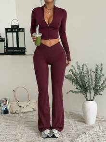 GLAMSKIN Women's 2-Piece Yoga Set, Zipper Long Sleeve Cropped Top & V-Waist Flare Pants, Autumn Daily Wear And Back To School Sports Outfit Elegant - Purplish-red - View 2