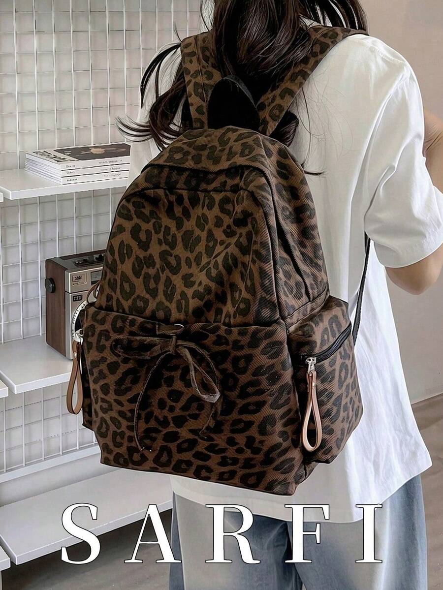 1pc Leopard Print Lightweight Versatile Lanyard Backpack, Large Capacity Student Bag, Travel Backpack, Portable Storage Travel Bag - Brown - View 1