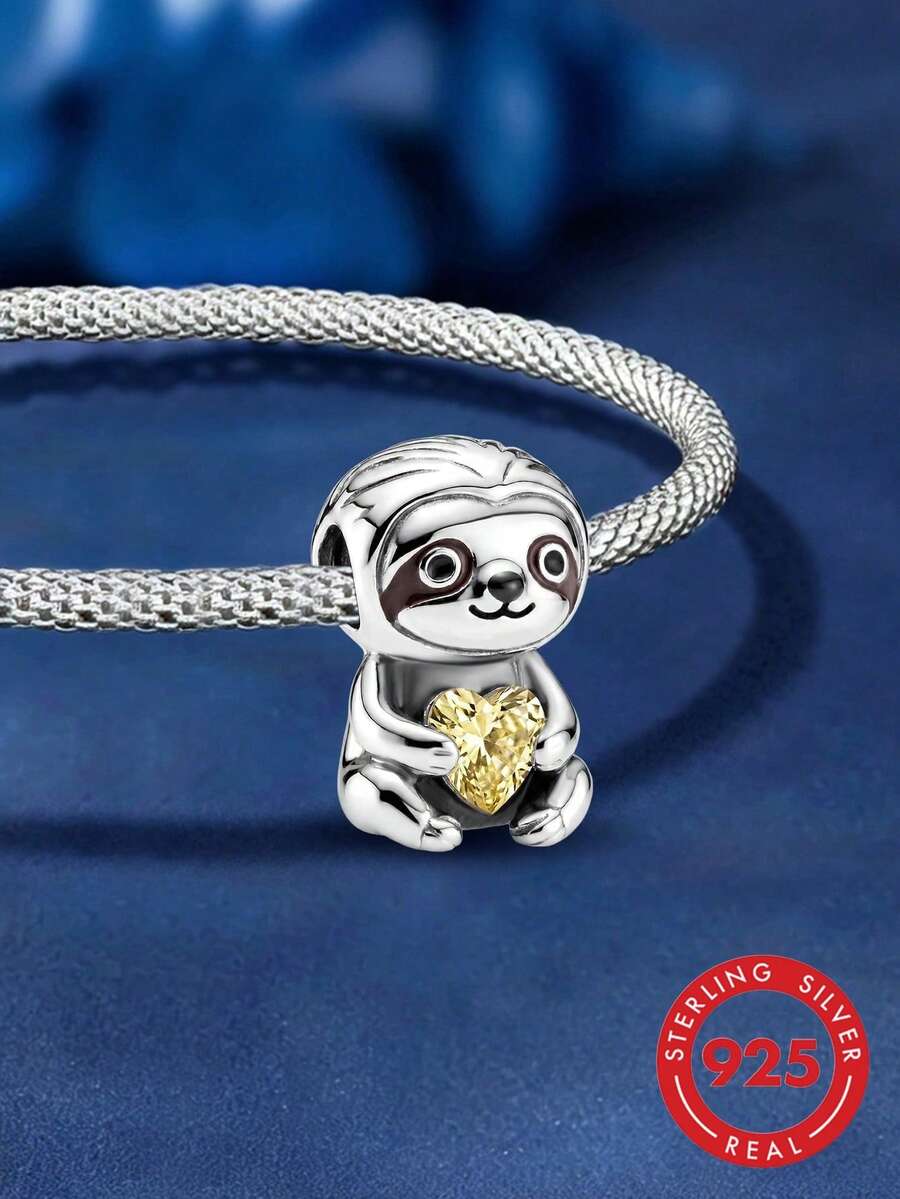 1pc 925 Sterling Silver Heart-Shaped Sloth Bead, Suitable For Bracelet, Bangle DIY Jewelry Making And Daily Decoration, Women & Girls Jewelry Accessory - Style 10 - View 1