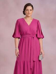 Women's Plus Size Long Dress Duna Flowy 3/4 Sleeve V-Neck Waist Tie Slit Ruffled Hem With Slit - 玫紅色 - 查看 4