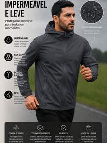 Men's Black Windbreaker Jacket With Removable Hood, Ideal For Gym Or Running - 灰色 - 查看 2
