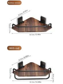 1pc No-Drill Bathroom Shelf, Wall-Mounted Wood Grain Bathroom Storage Rack With Hooks And Towel Bar, Toiletry Organizer - Multicolor - View 11
