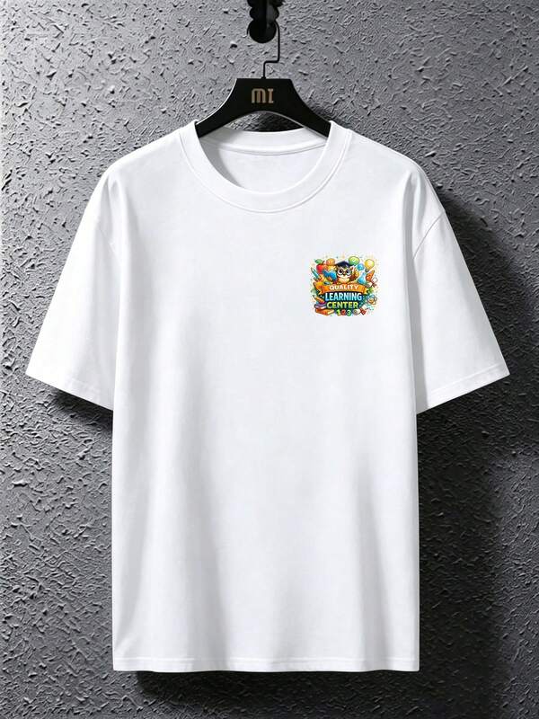 T-shirt casual de manga curta para homem Plus Size, 100% com tema Learning Center, estampado de coruja cartoon, confortável para o verão