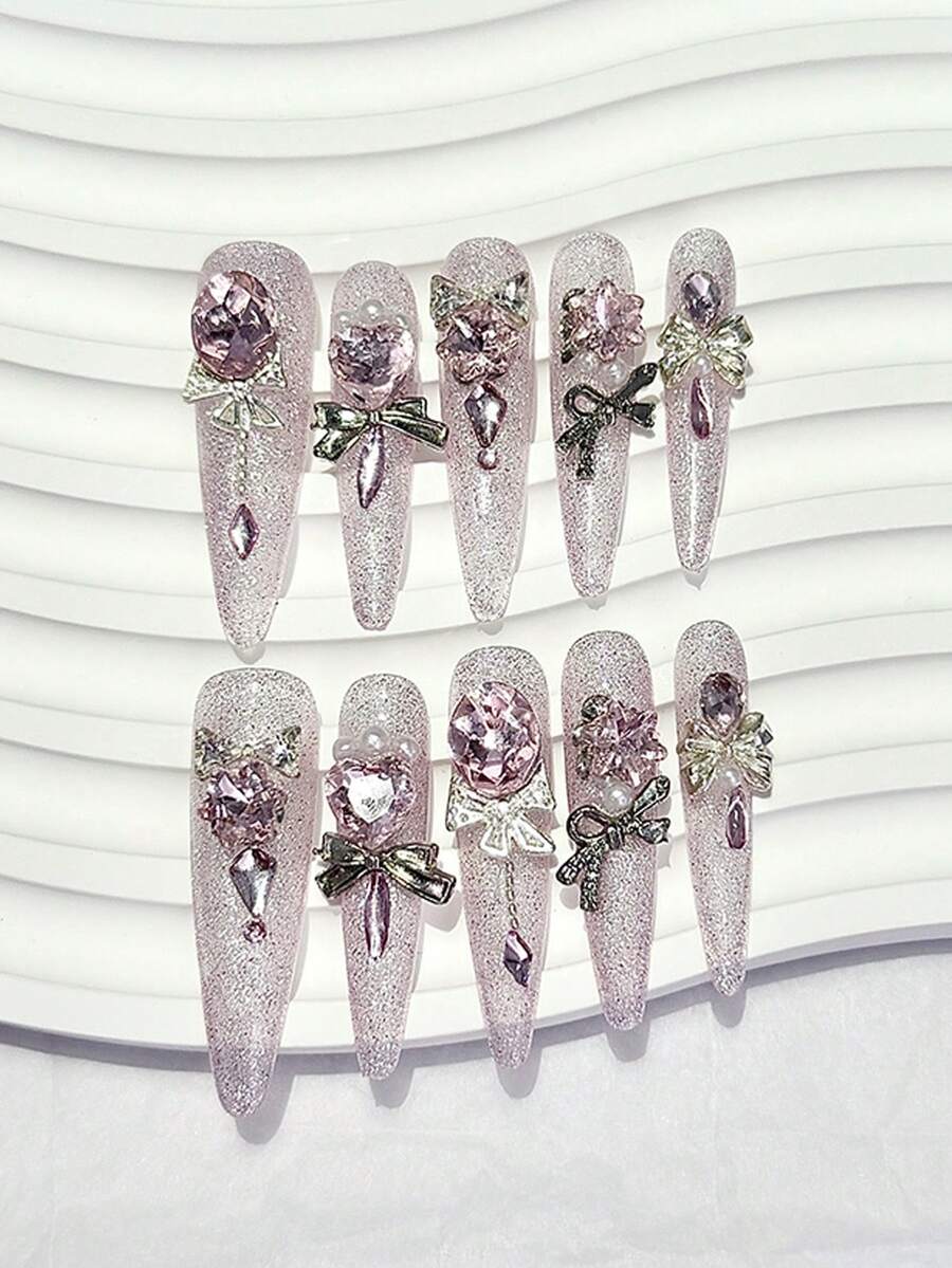 10pcs Pink Luxury Cat Eye Glitter Pointed Press-On Nail Tips, Sweet Cool 3D Diamond Pearl Removable Fake Nails, Girls Gift Nail Art Supplies (1pc Jelly Sticker + 1pc Nail File) Handmade Press On Nails - Pink - View 1