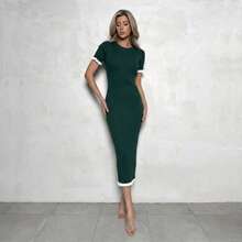 Nuevo vestido tipo suéter entallado para mujer: estilo sofisticado con cuello, detalle de botones y volantes en contraste. - Café - Ver 3