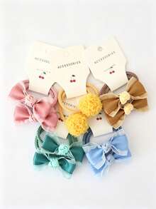 10pcs Children Elastic Bow Fabric Hair Ties, Floral & Ball Design, Suitable For Daily Use - Khaki - View 12