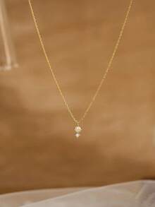 14K Gold Plated Round Pearl & Zirconia Necklace & Earrings Set, Elegant & Fashionable, Hypoallergenic, Perfect Gift For Women - Gold - View 4