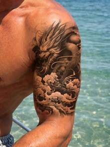 1 Sheet Men's Black Grey Chinese Dragon Temporary Tattoo Stickers, Traditional Oriental Cloud Wave Asian Dragon Ink Sketch Large Waterproof Body Stickers For Forearm Chest Rib Back Shoulder - Black - View 2