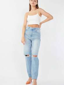 Jeans de mujer con rodillas rotas azul claro - Azul cielo - Ver 2