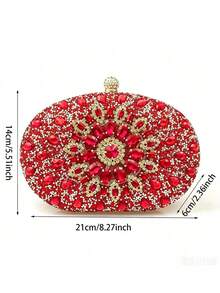 Oval Hard Shell Clutch Bag, Floral Bloom Pattern, Rhinestone Clasp, Detachable Chain Shoulder Strap, Handheld/Crossbody, Suitable For Women's Wedding Party Banquet - Red - View 8