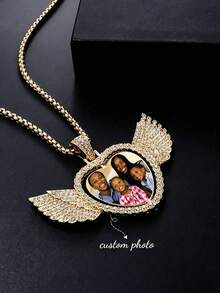 Custom Photo Hip Hop Memory Angel Wings Reversible Heart Photo Frame Pendant Necklace, Printed Jewelry Exquisite Special Gift - Multicolor - View 9