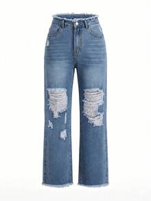 Jeans rectos casuales y versátiles con bolsillos y rotos para mujer, primavera - Azul lavado medio - Ver 9