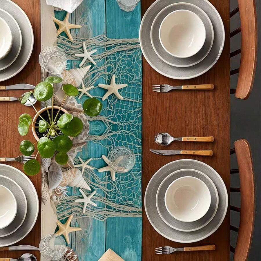 Polyester Table Runner, 2D Flat Printing Blue Starfish Seashell Coral Texture Pattern & Rustic Teal Wood Grain Fishing Net Beach Seashell Starfish Print, Heat Resistant Washable Table Decor Runner For Summer Nautical Table Decoration
