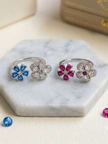 1pc Silver Fashion Luxury Shiny Cubic Zirconia Double Flower Adjustable Open Ring, Women's Daily Commute Date Vacation Jewelry Gift - Silver - View 2