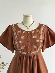 Rusttydustty Women's Brick Red Orange Round Neck Ruffle Sleeve Half-Button Embroidered Bohemian Casual Top, Suitable For Autumn And Halloween - Burnt Orange - View 2