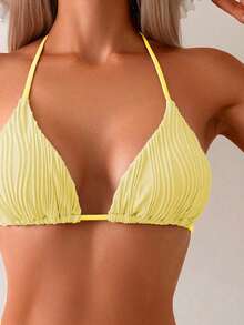 Conjunto de 2 piezas de bikini con espalda triangular de tela con textura de onda especial de unicolor amarillo para mujer - Amarillo - Ver 5