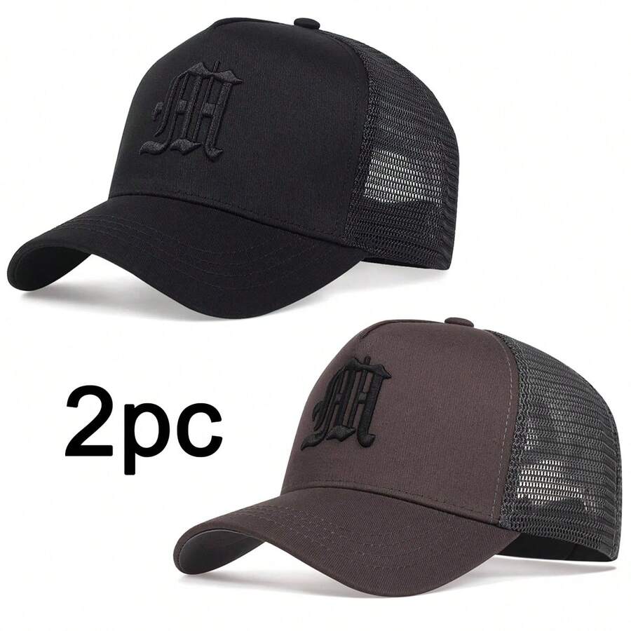 2 piezas Gorras de béisbol de malla con bordado de letras góticas para hombres - Negro y gris oscuro - Ver 1