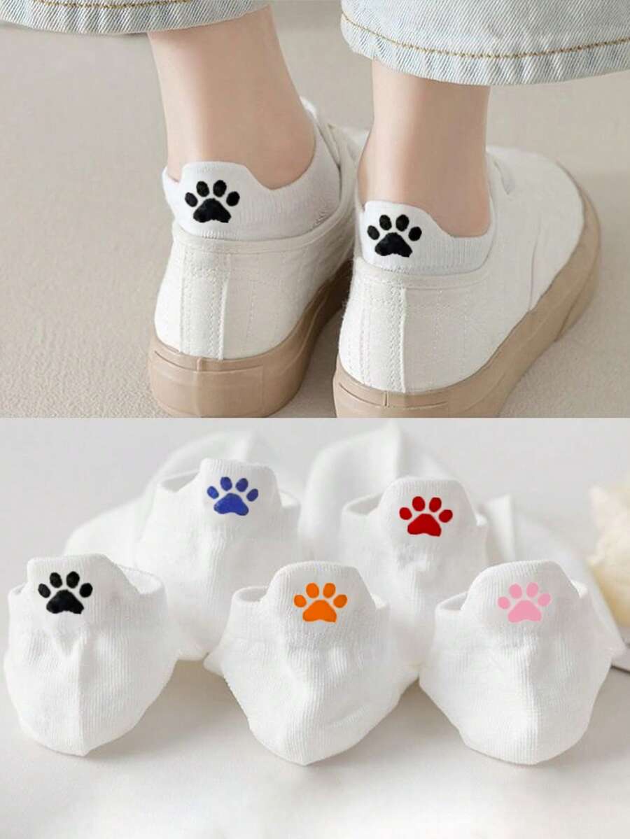 5 Pairs Colorful Cat Paw Summer Breathable Elastic Sports Socks, Popular White Basic Ruffle Socks, Suitable For Campus, Gym, Wedding, Daily Wear, Christmas Gift, Women's Socks - Multicolor - View 1