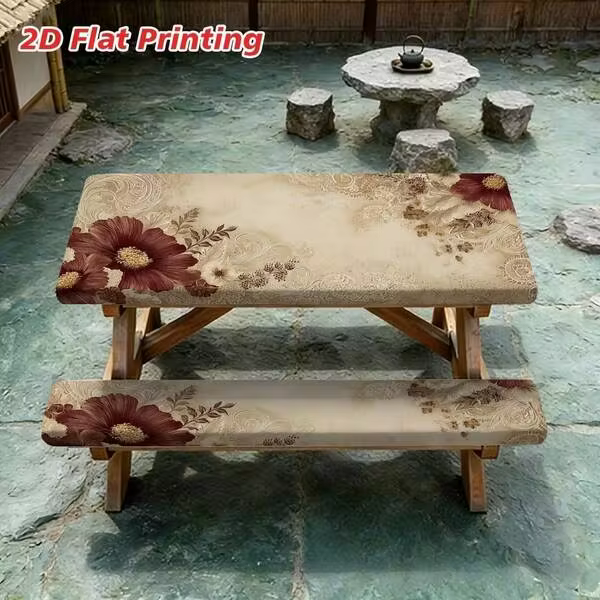 [Tablecloth] 3-Piece Set, 2D Flat Print Picnic Tablecloth With Long Bench Cover, Elastic Edge, Elegant Floral Decoration, Special Table Cover For Farmhouse Campers, Essential For Courtyard Camping, 2D Flat Design