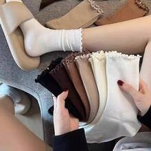 1/3/5/6/8/10/20 Pairs Women's Solid Color Ruffle Edge Minimalist Fashion Versatile Comfortable Soft Socks, Suitable For Daily Wear, With Ruffle Edge, Suitable For Spring, Autumn, Winter, Beautiful Charming Cute, Suitable As Gifts For Students And Friends - Multicolor - View 3