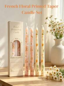2/4pcs French Floral Print Long Taper Candles, Long Stem Candle Size 0.86*9.84 Inches, Create Warm Atmosphere, Suitable For Home Decor, Hotel Decor, Table Setting, Women's Gift, Birthday Gift - Candle - View 6