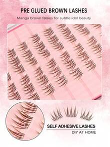 Asiteo 60/120/180pcs C Curl Brown Natural Korean Idol Mocha Self-Adhesive False Eyelashes, No Glue Needed, Suitable For Beginners, Camera-Ready Eye-Catching Pre-Glued False Eyelashes, Natural Thin Single Cluster False Eyelashes, Create K-Pop Idol Makeup Look - C - 查看 4