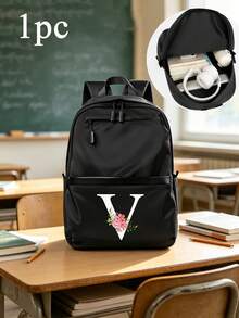 5/1pc Black Backpack A-Z 26 Floral Initial Print Multi-Zipper Large Capacity Lightweight Casual Style Student Classroom Travel Daily Use Laptop Storage Backpack Back To School Gift - Multicolor - View 33