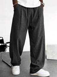 Blueprint Man 1 יחידה מכנסיים רחבים רפויים עם שרוך גומיים חומים למבוגרים, בד פשתן מלאכותי, קל משקל נושם עם נפילה נוחה ללא זיעה, עמיד לקמטים וקל לטיפול, סגנון קז'ואל מינימליסטי בוגר Old Money, מכנסיים ארוכים לגברים, לנסיעות יומיומיות, סטריטוויר, לבישת בית
