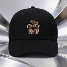 1pc Cherry Leopard Print Adjustable Hat, Unisex Outdoor Sports Style, Ideal Gift For Travel, Hiking, Camping, Must-Have For Racing Team Fans, Fashiona - Black - View 1