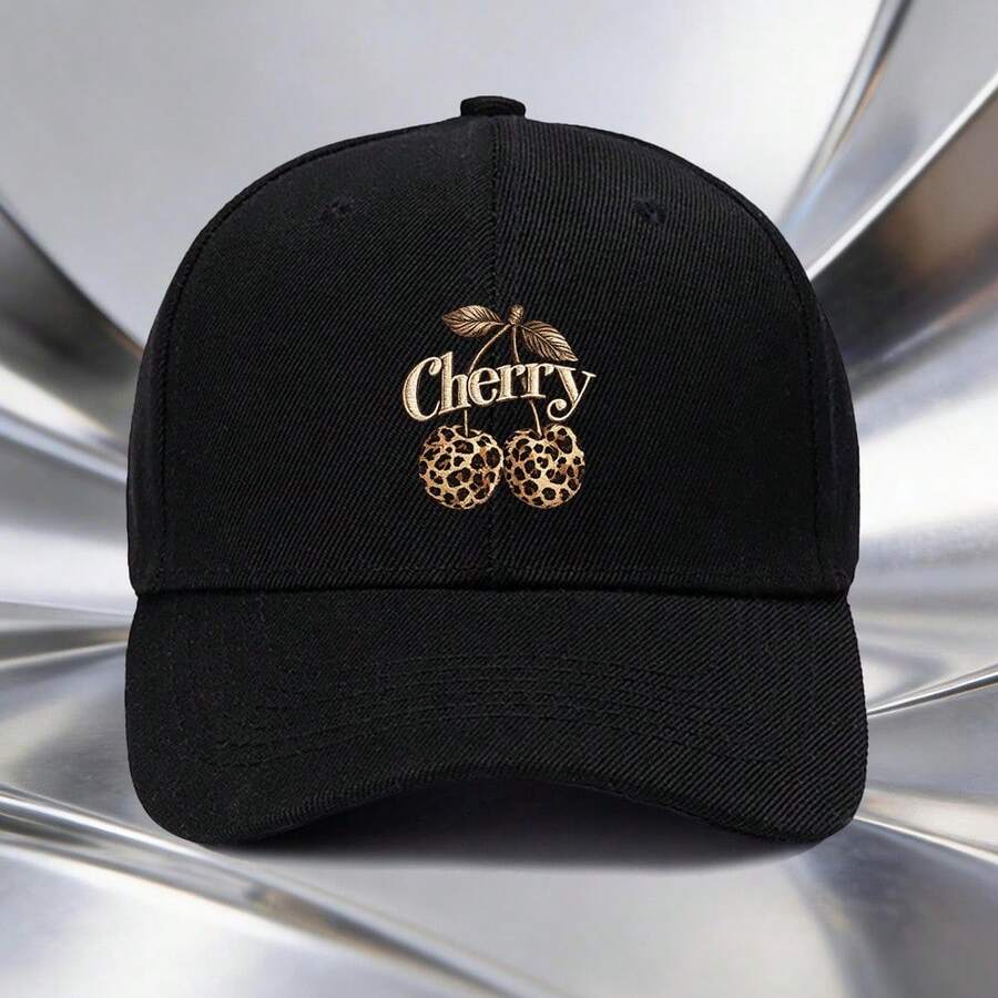 1pc Cherry Leopard Print Adjustable Hat, Unisex Outdoor Sports Style, Ideal Gift For Travel, Hiking, Camping, Must-Have For Racing Team Fans, Fashiona - Black - View 1