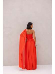 Long, One-Shoulder Party Dress In Dark Nude, Flowing Style, For Bridesmaids/Dates/Graduations/Guests. - Orange - View 3
