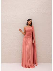 Long, One-Shoulder Party Dress In Dark Nude, Flowing Style, For Bridesmaids/Dates/Graduations/Guests. - Rose - View 1