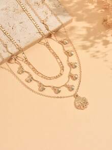 3pcs/Set Bohemian Style Gold Shell Multi-Layer Stackable Necklace Set, Niche Design Ocean Style Shell Pendant Collarbone Chain, Suitable For Daily Wear, Vacation Photos And Date Wear - Gold - View 3